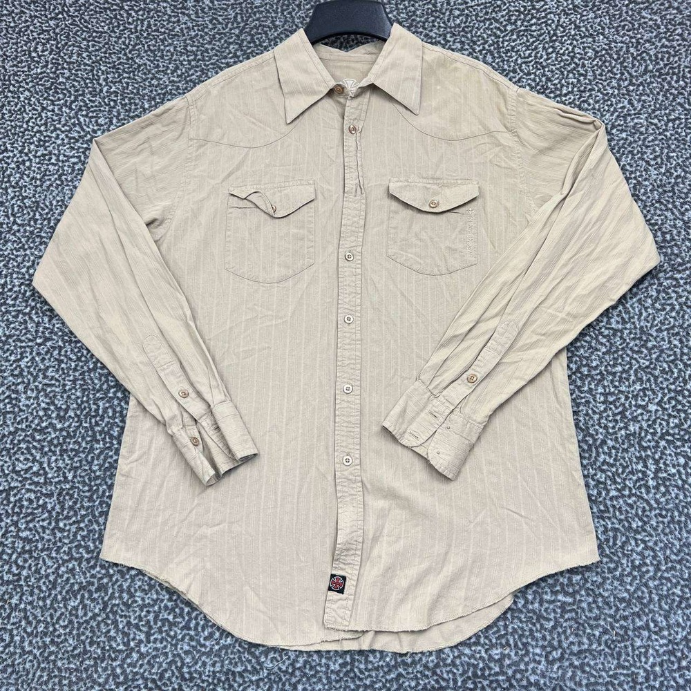Independent Shirt Men Large Beige Striped Button‎ Up Long Sleeve Collared L